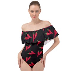 Red, Hot Jalapeno Peppers, Chilli Pepper Pattern At Black, Spicy Off Shoulder Velour Bodysuit  by Casemiro