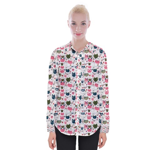 Adorable Seamless Cat Head Pattern01 Womens Long Sleeve Shirt by TastefulDesigns