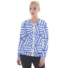 Geometric Blue And White Lines, Stripes Pattern Velour Zip Up Jacket by Casemiro