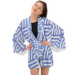 Geometric Blue And White Lines, Stripes Pattern Long Sleeve Kimono by Casemiro