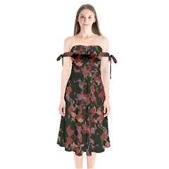 Red Dark Camo Abstract Print Shoulder Tie Bardot Midi Dress by dflcprintsclothing