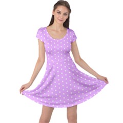 White Polka Dot Pastel Purple Background, Pink Color Vintage Dotted Pattern Cap Sleeve Dress by Casemiro