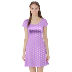 White Polka Dot Pastel Purple Background, Pink Color Vintage Dotted Pattern Short Sleeve Skater Dress by Casemiro