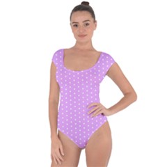 White Polka Dot Pastel Purple Background, Pink Color Vintage Dotted Pattern Short Sleeve Leotard  by Casemiro