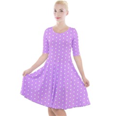 White Polka Dot Pastel Purple Background, Pink Color Vintage Dotted Pattern Quarter Sleeve A-line Dress by Casemiro