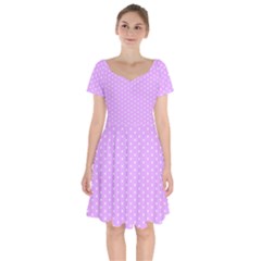 White Polka Dot Pastel Purple Background, Pink Color Vintage Dotted Pattern Short Sleeve Bardot Dress by Casemiro