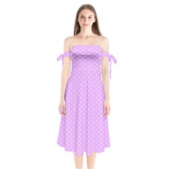 White Polka Dot Pastel Purple Background, Pink Color Vintage Dotted Pattern Shoulder Tie Bardot Midi Dress by Casemiro