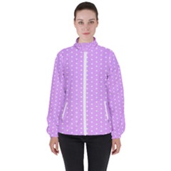 White Polka Dot Pastel Purple Background, Pink Color Vintage Dotted Pattern Women s High Neck Windbreaker by Casemiro