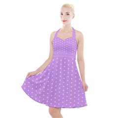 White Polka Dot Pastel Purple Background, Pink Color Vintage Dotted Pattern Halter Party Swing Dress  by Casemiro