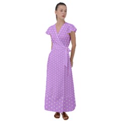 White Polka Dot Pastel Purple Background, Pink Color Vintage Dotted Pattern Flutter Sleeve Maxi Dress by Casemiro