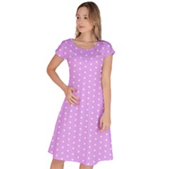 White Polka Dot Pastel Purple Background, Pink Color Vintage Dotted Pattern Classic Short Sleeve Dress by Casemiro