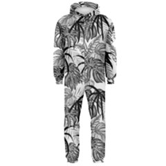 Black And White Leafs Pattern, Tropical Jungle, Nature Themed Hooded Jumpsuit (men)  by Casemiro