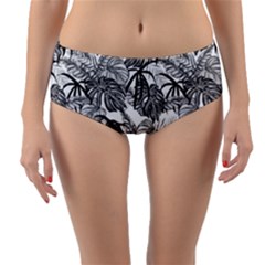 Black And White Leafs Pattern, Tropical Jungle, Nature Themed Reversible Mid-waist Bikini Bottoms by Casemiro