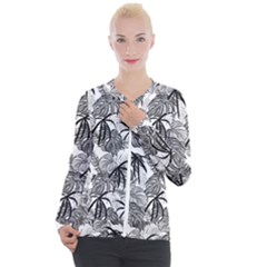 Black And White Leafs Pattern, Tropical Jungle, Nature Themed Casual Zip Up Jacket by Casemiro