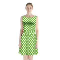 Pastel Green Lemon, White Polka Dots Pattern, Classic, Retro Style Sleeveless Waist Tie Chiffon Dress by Casemiro