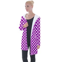 White And Purple, Polka Dots, Retro, Vintage Dotted Pattern Longline Hooded Cardigan by Casemiro