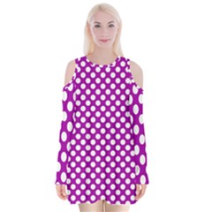 White And Purple, Polka Dots, Retro, Vintage Dotted Pattern Velvet Long Sleeve Shoulder Cutout Dress by Casemiro