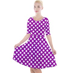 White And Purple, Polka Dots, Retro, Vintage Dotted Pattern Quarter Sleeve A-line Dress by Casemiro