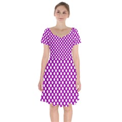 White And Purple, Polka Dots, Retro, Vintage Dotted Pattern Short Sleeve Bardot Dress by Casemiro