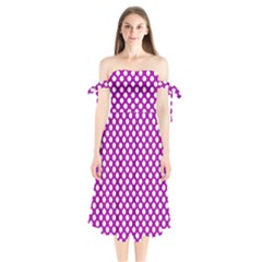 White And Purple, Polka Dots, Retro, Vintage Dotted Pattern Shoulder Tie Bardot Midi Dress by Casemiro