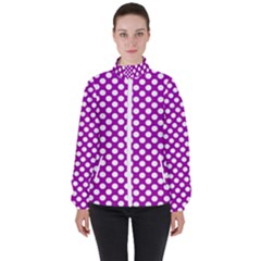 White And Purple, Polka Dots, Retro, Vintage Dotted Pattern Women s High Neck Windbreaker by Casemiro