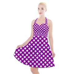 White And Purple, Polka Dots, Retro, Vintage Dotted Pattern Halter Party Swing Dress  by Casemiro