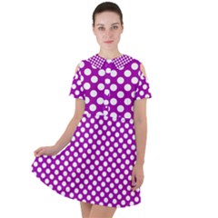 White And Purple, Polka Dots, Retro, Vintage Dotted Pattern Short Sleeve Shoulder Cut Out Dress  by Casemiro