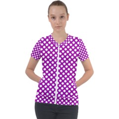 White And Purple, Polka Dots, Retro, Vintage Dotted Pattern Short Sleeve Zip Up Jacket by Casemiro