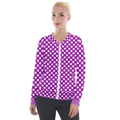 White And Purple, Polka Dots, Retro, Vintage Dotted Pattern Velour Zip Up Jacket by Casemiro