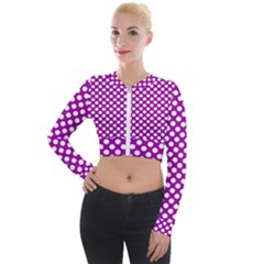 White And Purple, Polka Dots, Retro, Vintage Dotted Pattern Long Sleeve Cropped Velvet Jacket by Casemiro