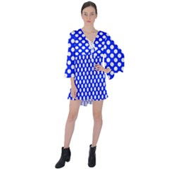 Dark Blue And White Polka Dots Pattern, Retro Pin-up Style Theme, Classic Dotted Theme V-neck Flare Sleeve Mini Dress by Casemiro