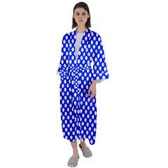 Dark Blue And White Polka Dots Pattern, Retro Pin-up Style Theme, Classic Dotted Theme Maxi Satin Kimono by Casemiro