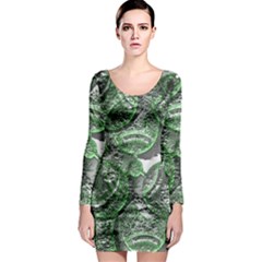 Biohazard Sign Pattern, Silver And Light Green Bio-waste Symbol, Toxic Fallout, Hazard Warning Long Sleeve Bodycon Dress by Casemiro