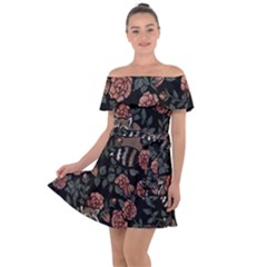 Raccoon Floral Off Shoulder Velour Dress by BubbSnugg