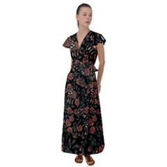 Raccoon Floral Flutter Sleeve Maxi Dress by BubbSnugg