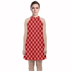 Three Color Tartan, Red Grey, Black Buffalo Plaid Theme Velvet Halter Neckline Dress  by Casemiro