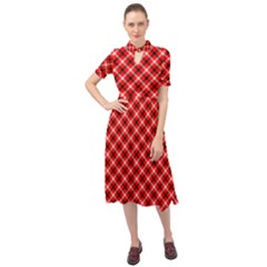 Three Color Tartan, Red Grey, Black Buffalo Plaid Theme Keyhole Neckline Chiffon Dress by Casemiro