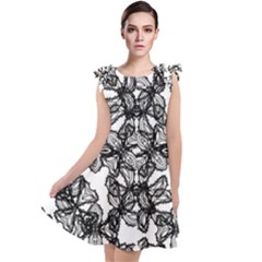 Stylized Botanical Motif Black And White Print Tie Up Tunic Dress by dflcprintsclothing