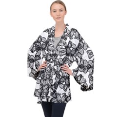 Stylized Botanical Motif Black And White Print Long Sleeve Velvet Kimono  by dflcprintsclothing