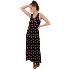 Peach Purple Daisy Flower Black V-neck Chiffon Maxi Dress by snowwhitegirl