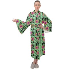 60s Girl Floral Green Maxi Velour Kimono by snowwhitegirl