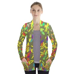 Colorful Brush Strokes Painting On A Green Background                                                   Women s Open Front Pockets Cardigan by LalyLauraFLM