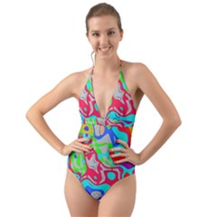Colorful Distorted Shapes On A Grey Background                                                         Halter Cut-out One Piece Swimsuit by LalyLauraFLM