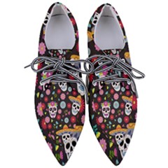 Day Dead Skull With Floral Ornament Flower Seamless Pattern Pointed Oxford Shoes by Amaryn4rt