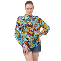 Comic Elements Colorful Seamless Pattern High Neck Long Sleeve Chiffon Top by Amaryn4rt