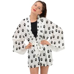 Dog Paws Pattern, Black And White Vector Illustration, Animal Love Theme Long Sleeve Kimono by Casemiro