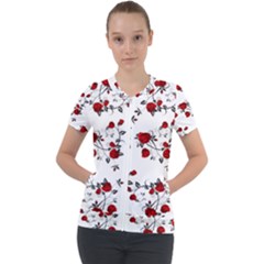 Vector Roses Pattern,red Flowers And Black Branches, Asymmetric Design Short Sleeve Zip Up Jacket by Casemiro