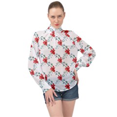 Poppies Pattern, Poppy Flower Symetric Theme, Floral Design High Neck Long Sleeve Chiffon Top by Casemiro