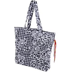 Vector-eclectic-fabric-seamless-pattern-animal-and-plaid-background-with-baroque-ornament Drawstring Tote Bag by Sobalvarro