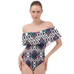 Boho Geometric Off Shoulder Velour Bodysuit  by tmsartbazaar